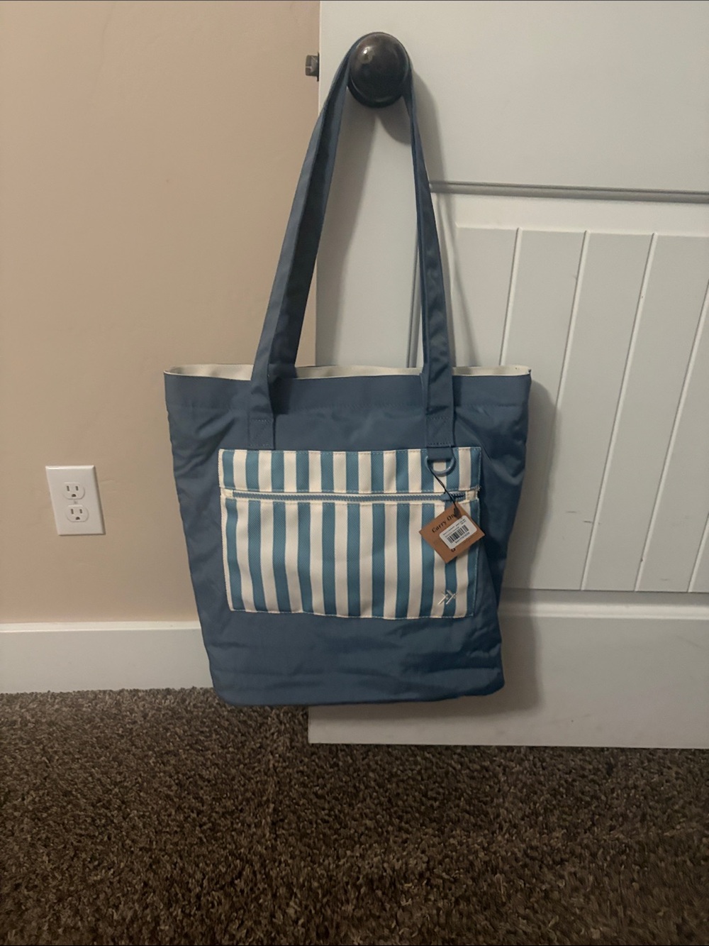 Striped Front-Pocket Blue Tote Bag